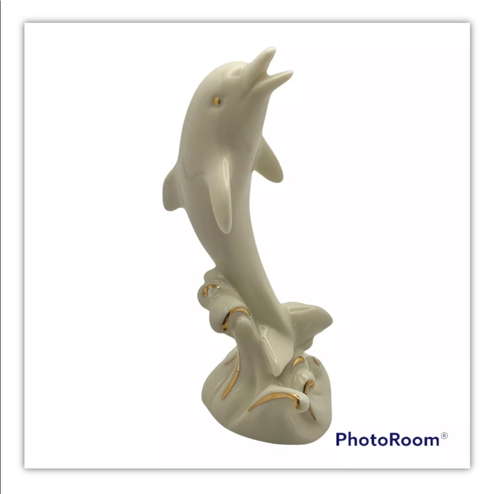 Lenox Porcelain Dolphin Figurine Swimming On Waves Ivory Colored Gold Tone Rim